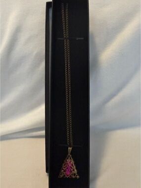 Like New (Worn Once) Antique Gold Filigree Necklace w/Fuchsia Teardrop Pendant